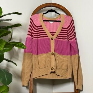 Time and Tru XL Pink Tan Stripe Colorblock Button Knit Cardigan Sweater